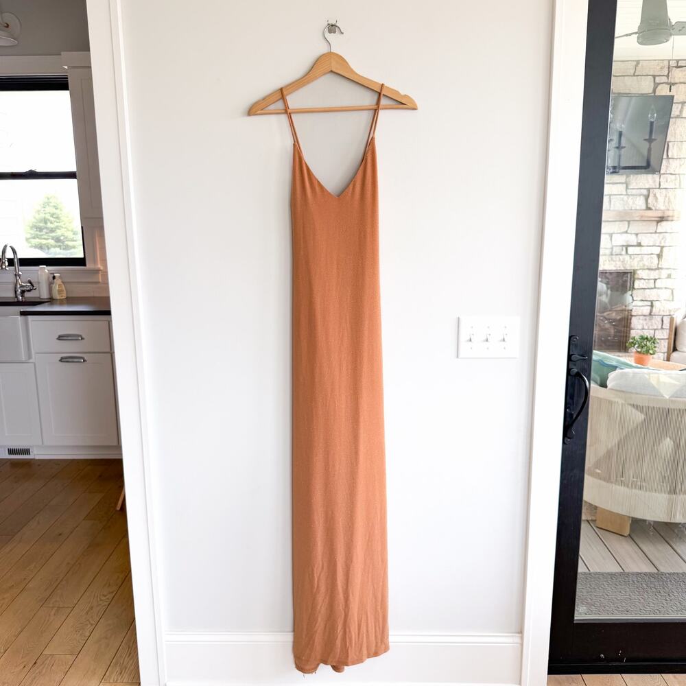 NBD Revolve Metallic V-Neck Strappy High Slit Maxi Evening Dress L NWT